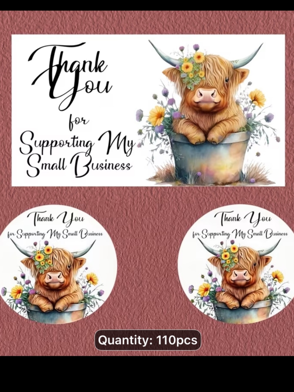 Thank You Sticker Pack - Floral Highland Cow Design in Brown NEW